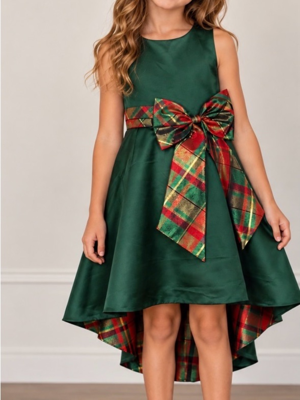 Gorgeous Holiday Emerald Green Satin High-Low Dress with Plaid Bow & Accents 10